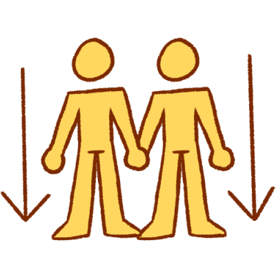 two featureless yellow people standing side by side and holding hands with an arrow pointing downwards on either side of them.
